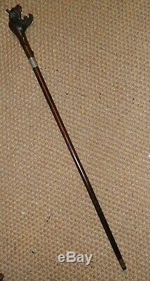 Antique Hand Carved Bear Top Walking Stick With Hallmarked Silver Collar'1901
