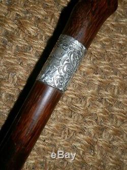 Antique Hand Carved Bear Top Walking Stick With Hallmarked Silver Collar'1901