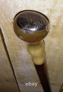 Antique Hand Carved Bovine Horn Pommel 2 Toned Ebony Walking Stick / Cane 87.5cm