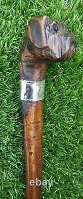 Antique Hand Carved Boxer Dog Walking Stick Glass Eyes Silver Collar London 1886
