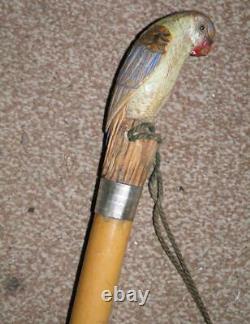 Antique Hand-Carved Budgie With Glass Eyes Silver Collar Walking Stick/Cane