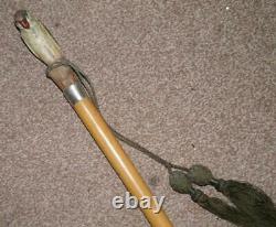 Antique Hand-Carved Budgie With Glass Eyes Silver Collar Walking Stick/Cane