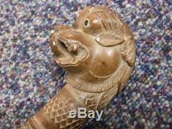 Antique Hand Carved Chinese Foo Dog Head Walking Stick With Glass Eyes