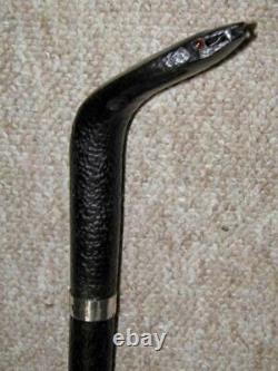 Antique Hand-Carved Cobra Snake Walking Stick-H/M Silver Collar & 9 CT Gold 1920