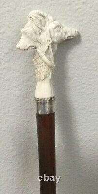Antique Hand Carved Dog And Goat Head Walking Stick Cane