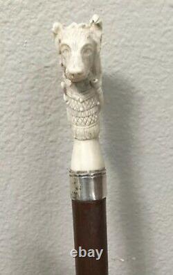 Antique Hand Carved Dog And Goat Head Walking Stick Cane