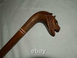 Antique Hand-Carved Dog Handle Walking Cane With Glass Eyes and Red/White Collar