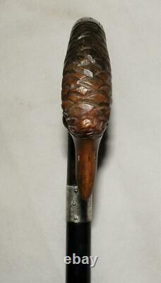 Antique Hand Carved Ducks Head Walking Stick-Hallmarked Silver Collar'1935' 88c