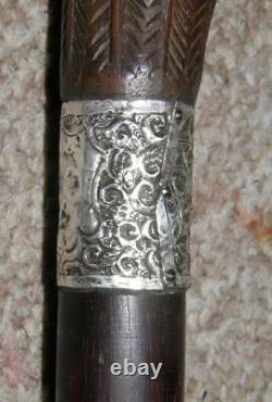 Antique Hand-Carved Eagle Walking Stick/Cane With Repousse Silver Collar'HP&S