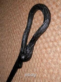 Antique Hand-Carved Ebony Black Swan Walking Stick/Cane Silver Collar 1930