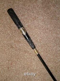 Antique Hand Carved Ebony Tulips Walking/Dress Cane/Stick With Gold Love Hearts