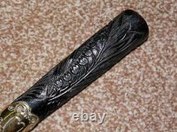 Antique Hand Carved Ebony Tulips Walking/Dress Cane/Stick With Gold Love Hearts