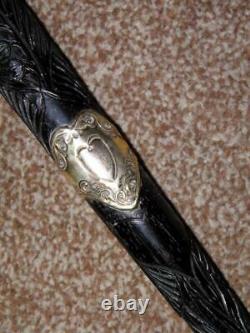 Antique Hand Carved Ebony Tulips Walking/Dress Cane/Stick With Gold Love Hearts