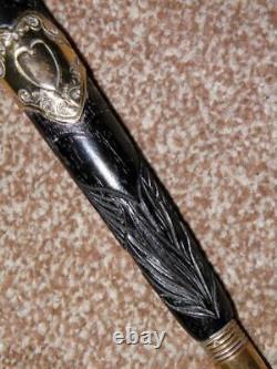 Antique Hand Carved Ebony Tulips Walking/Dress Cane/Stick With Gold Love Hearts