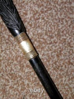 Antique Hand Carved Ebony Tulips Walking/Dress Cane/Stick With Gold Love Hearts