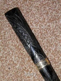 Antique Hand Carved Ebony Tulips Walking/Dress Cane/Stick With Gold Love Hearts