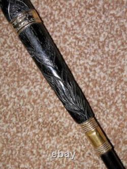 Antique Hand Carved Ebony Tulips Walking/Dress Cane/Stick With Gold Love Hearts