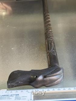 Antique Hand-Carved Ebony Walking Stick Dog Head Handle Barley Twist Cane 85cm