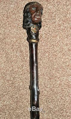 Antique Hand-Carved Egyptian Man Head Rustic Blackthorn Walking Stick 92cm