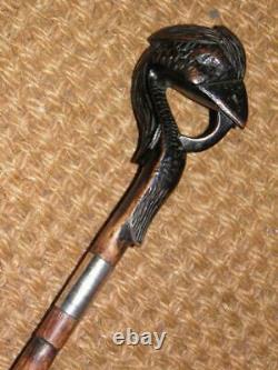 Antique Hand-Carved Exotic Bird Walking Stick/Cane Hallmarked Silver Collar