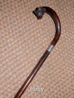 Antique Hand-Carved Fox Head Crook Handle Walking Stick/Cane H/M Silver 1931