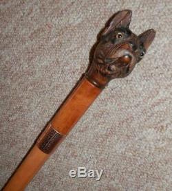 Antique Hand Carved French Bulldog Glove Holder Walking Stick With H/M Gold 1924
