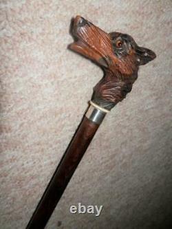 Antique Hand-Carved German Shepherd Walking Stick/Cane-Glass Eyes HM Silver 1927