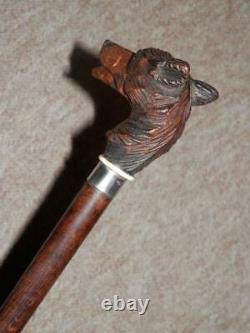 Antique Hand-Carved German Shepherd Walking Stick/Cane-Glass Eyes HM Silver 1927
