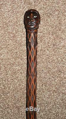 Antique Hand-Carved Glass Eyed Face Top, Malacca Bamboo Walking Stick