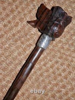 Antique Hand-Carved Japanese Owl Walking Stick/Cane Plaited Silver Collar