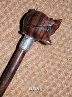 Antique Hand-Carved Japanese Owl Walking Stick/Cane Plaited Silver Collar