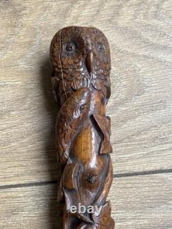 Antique Hand Carved Owl & Snake Walking Stick Cane One-Piece Hardwood c. 1900