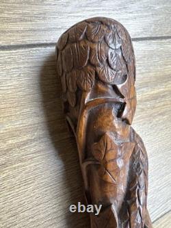 Antique Hand Carved Owl & Snake Walking Stick Cane One-Piece Hardwood c. 1900