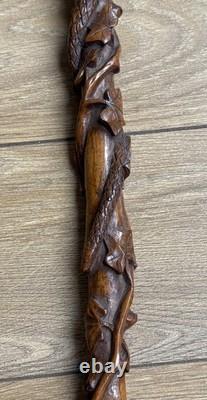Antique Hand Carved Owl & Snake Walking Stick Cane One-Piece Hardwood c. 1900