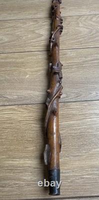 Antique Hand Carved Owl & Snake Walking Stick Cane One-Piece Hardwood c. 1900