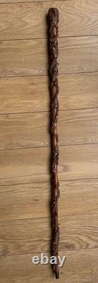 Antique Hand Carved Owl & Snake Walking Stick Cane One-Piece Hardwood c. 1900