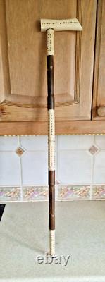 Antique Hand Carved & Painted Horn Walking Stick Vgc 33 Long