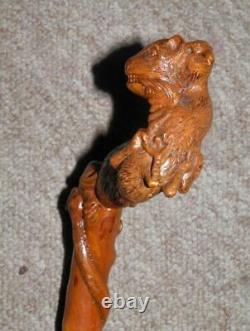 Antique Hand-Carved Prey & Predator Intertwined Bramble Walking Stick/Cane