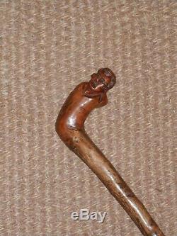 Antique Hand Carved Rabbie Burns Head Handle Holly Walking Stick 88.5cm