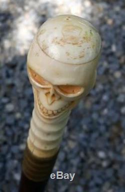 Antique Hand-Carved Skull Cane, Walking Stick, Staff