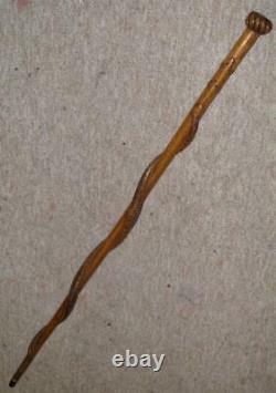 Antique Hand-Carved Snake & Lizard Shaft Rustic Oak Walking Stick/Cane