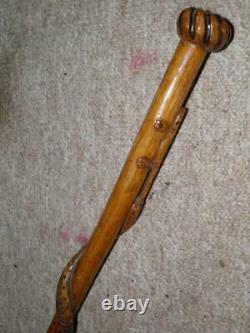 Antique Hand-Carved Snake & Lizard Shaft Rustic Oak Walking Stick/Cane