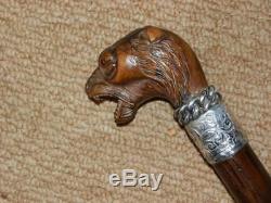 Antique Hand Carved Snarling Dog 1889 H. M Silver Collar Walking Stick. 35.1/2