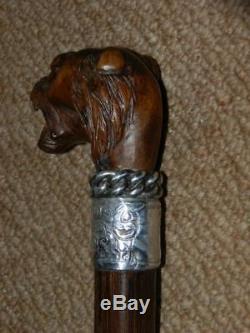 Antique Hand Carved Snarling Dog 1889 H. M Silver Collar Walking Stick. 35.1/2