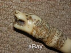 Antique Hand Carved Snarling Dog 1922 H. M Silver Collar Walking Stick. 35.1/2