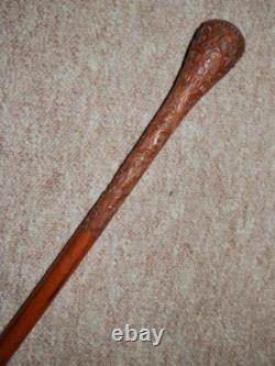 Antique Hand Carved Swirl Patterned Walking Rounded Top Stick Cane 91cm 298g