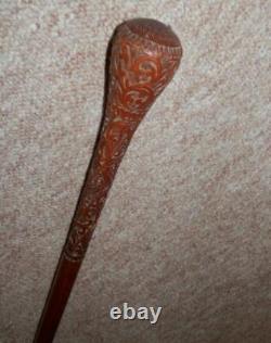 Antique Hand Carved Swirl Patterned Walking Rounded Top Stick Cane 91cm 298g