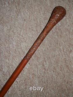Antique Hand Carved Swirl Patterned Walking Rounded Top Stick Cane 91cm 298g Antique Hand Carved Swirl Patterned Walking Rounded Top Stick Cane 91cm 298g