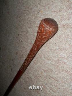 Antique Hand Carved Swirl Patterned Walking Rounded Top Stick Cane 91cm 298g