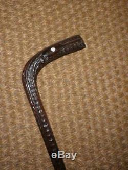 Antique Hand Carved Textural Walking Stick With An Inlay Pattern